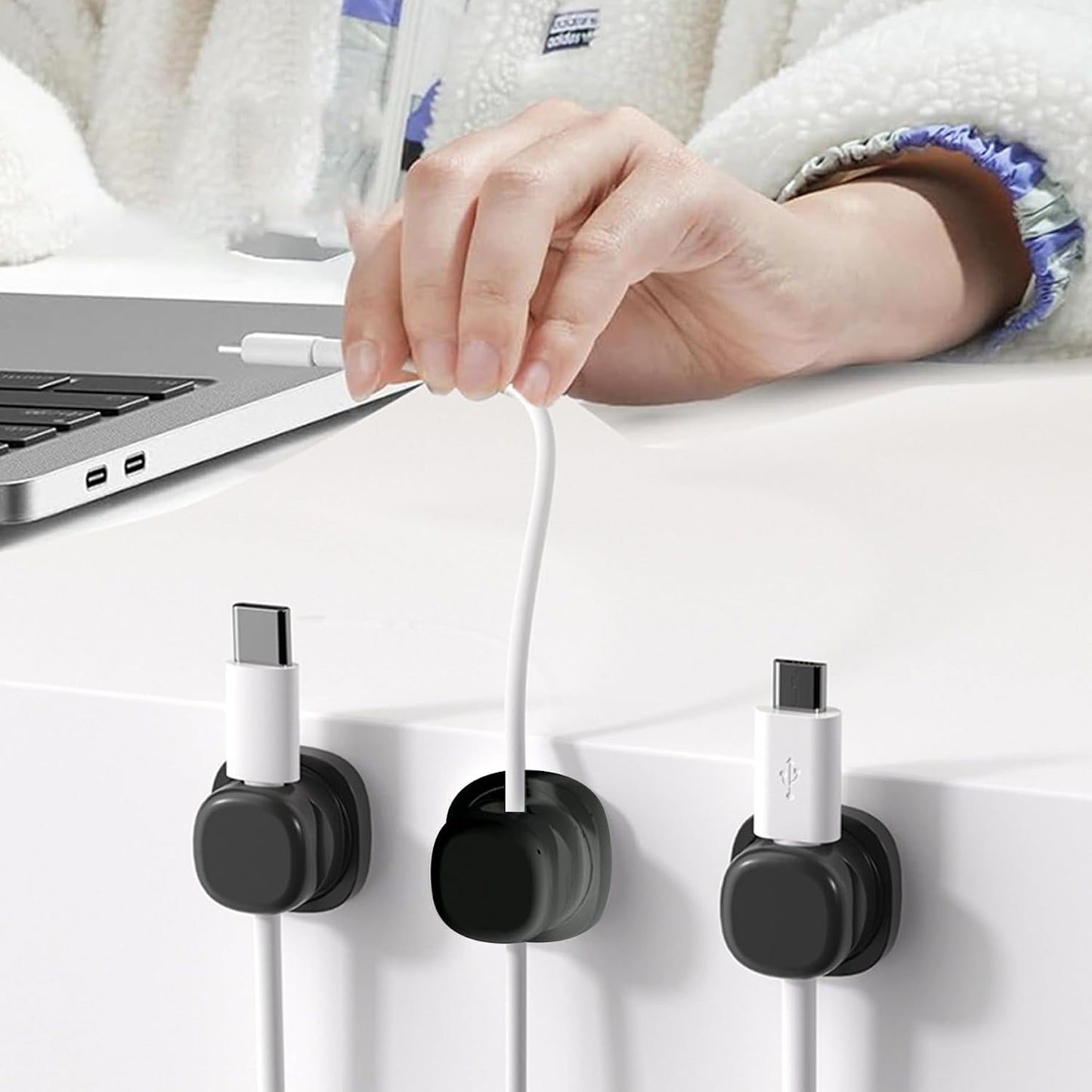 Uanqfegy 6Pcs Adhesive Rotatable Cord Organizer - Cable Clips for Phone Chargers Nightstand Home Office Car (Black)