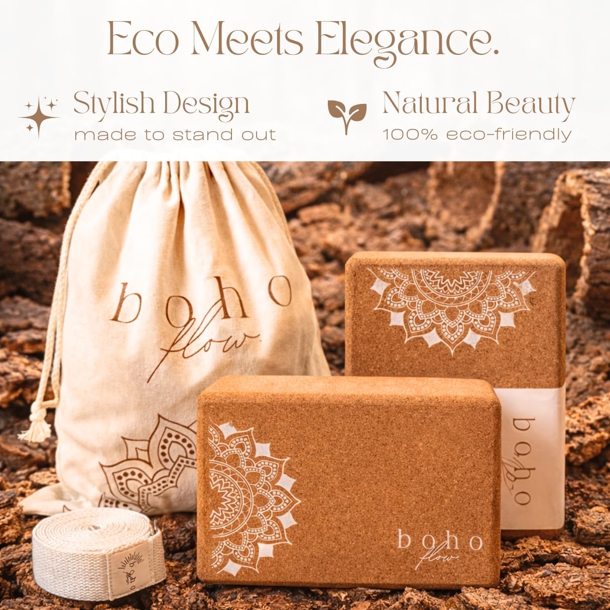 Boho Flow Cork Yoga Block Set – 2 Pack with Strap & Canvas Bag | Luxury Portuguese Yoga Blocks 9”x6”x3” | Heavy-Duty, Non-Slip Support | Eco-Friendly, Plastic-Free Materials