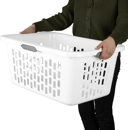 Large Plastic Laundry Basket - 4 Comfort Grip Handles, 2 Bushel Capacity, White