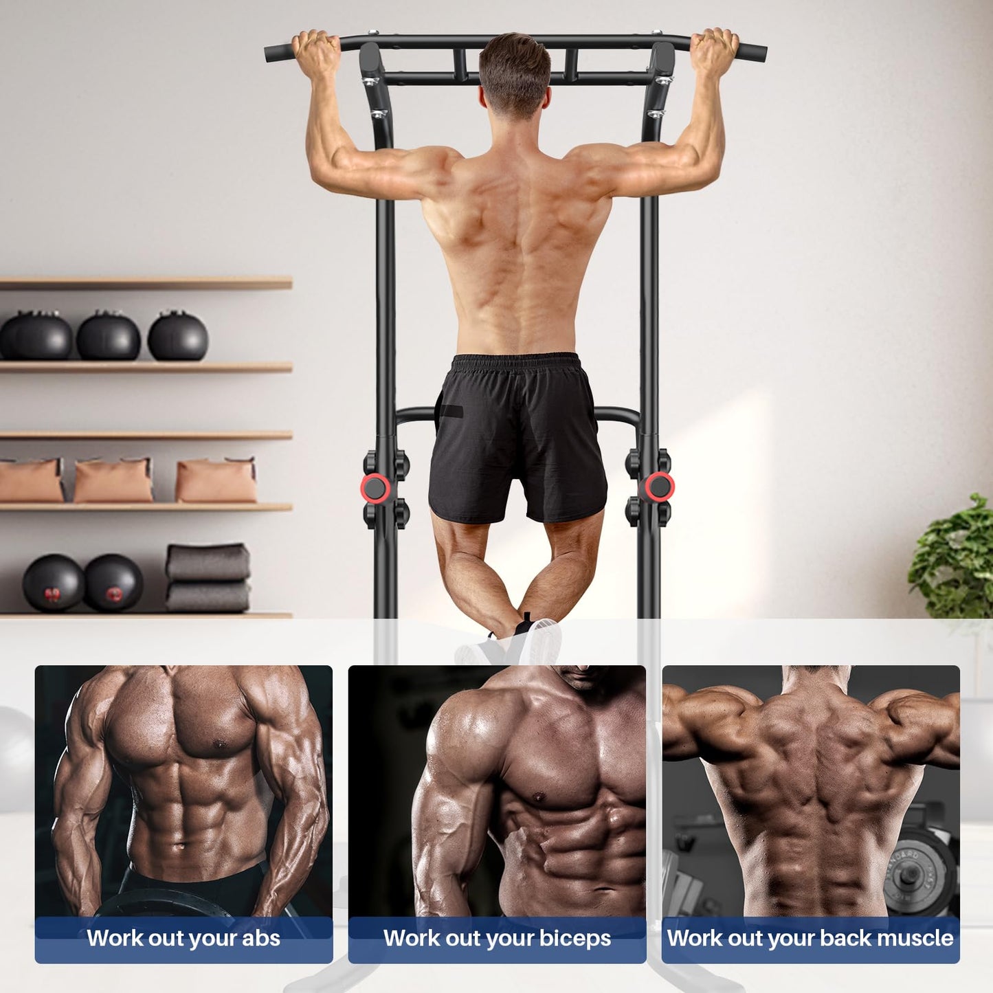 BangTong&Li Power Tower, Pull Up Bar Dip Station/Stand for Home Gym Strength Training Workout Equipment (Black-02)