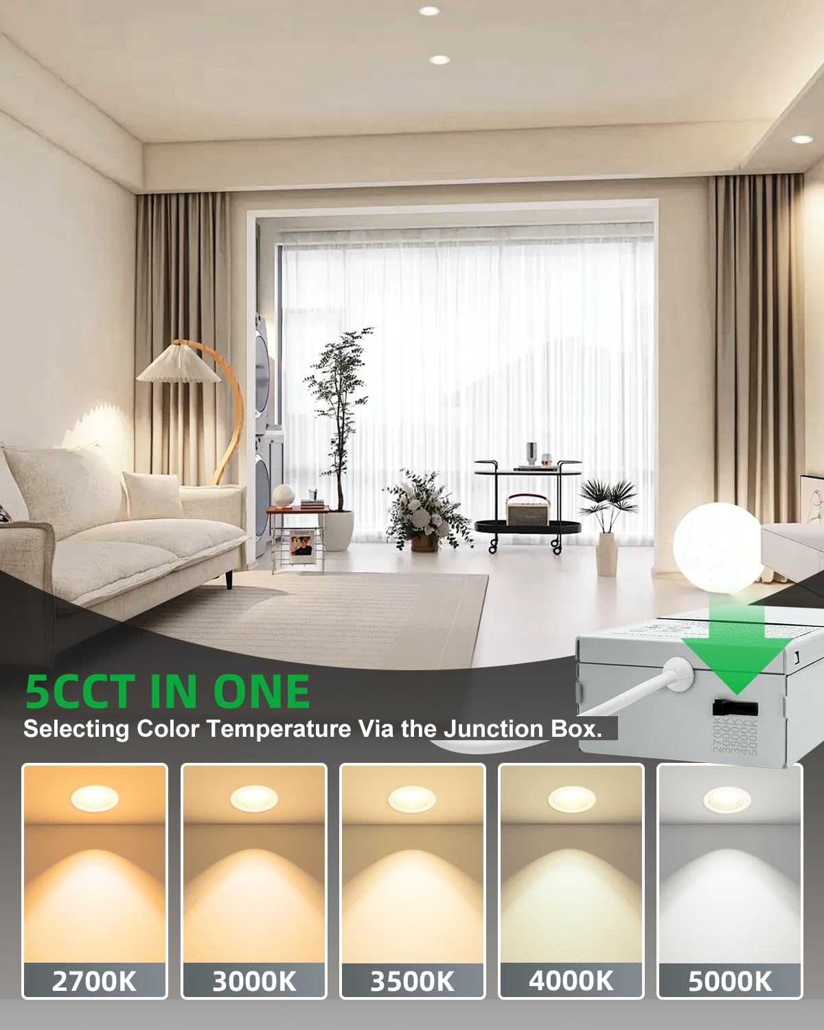 zouzai 3 Inch Anti-Glare LED Recessed Downlight with Junction Box, 5CCT Selectable 2700K/3000K/3500K/4000K/5000K, Dimmable, IP65 Waterproof for Shower, 12W COB, CRI90+, (White, 3 inch 【12 Pack】)