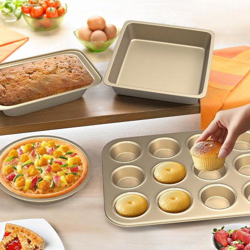 CasaCulina Nonstick Baking Pans Set - 5-Piece Bakeware with Round, Square, Muffin & Loaf Pans | Gold Finish