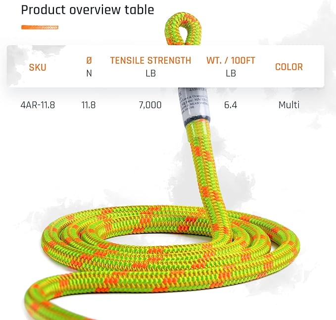 Pelican Rope Arborist Rope 11.8mm x 200Ft, USA Made High-Strength 24-Strands Static Climbing Rope - 5,400 lb Strength for Tree Climbing, Pulling, Outdoors & Swing - Red, Tight Spliced Eye