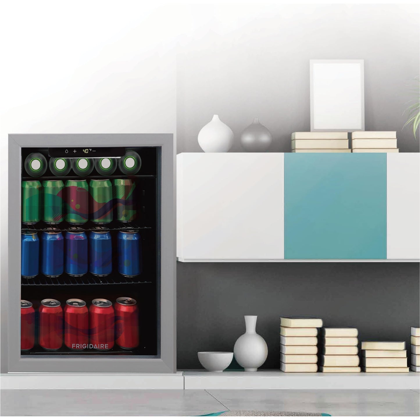Frigidaire Beverage Fridge Refrigerator with Glass Door, Compact Mini Fridge with Digital Temperature Control Fits 87 Cans or 24 Bottles - 19.29" D x 25" W x 17.51" H, Silver