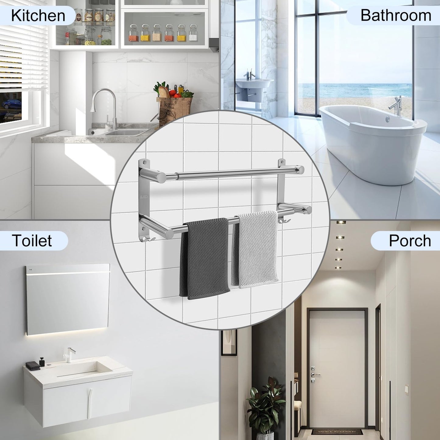 zmnklry Double Towel Bar, Stainless Steel Adjustable 16 to 28In Double Towel Racks for Bathroom, Double Bath Towel Bar,Applicable to Bathrooms and Kitchens