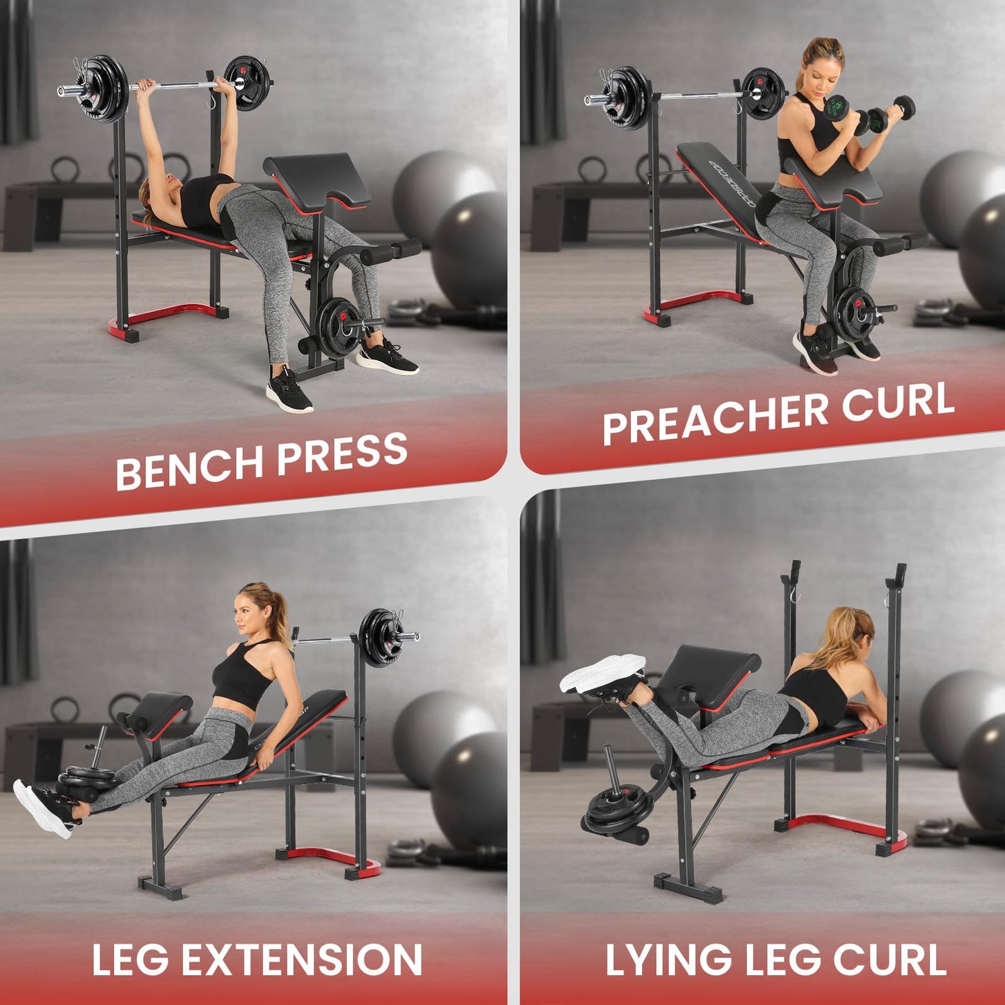 OPPSDECOR Foldable Weight Bench Set with Preacher Curl Pad and Squat Rack, 660LBS Adjustable Bench Press with Leg Extension and Leg Curl, Incline Decline Home Gym Bench for Women Teens Full Body Strength Training