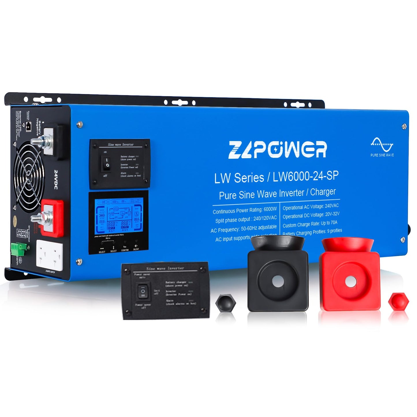 ZLPOWE 6000W 24V Inverter DC Pure Sine Wave 18000W Peak Low Frequency Off-Grid Solar Inverters 240Vac Input 120Vac/240Vac Output Split Phase with Battery Charger LCD Display for RVs Home