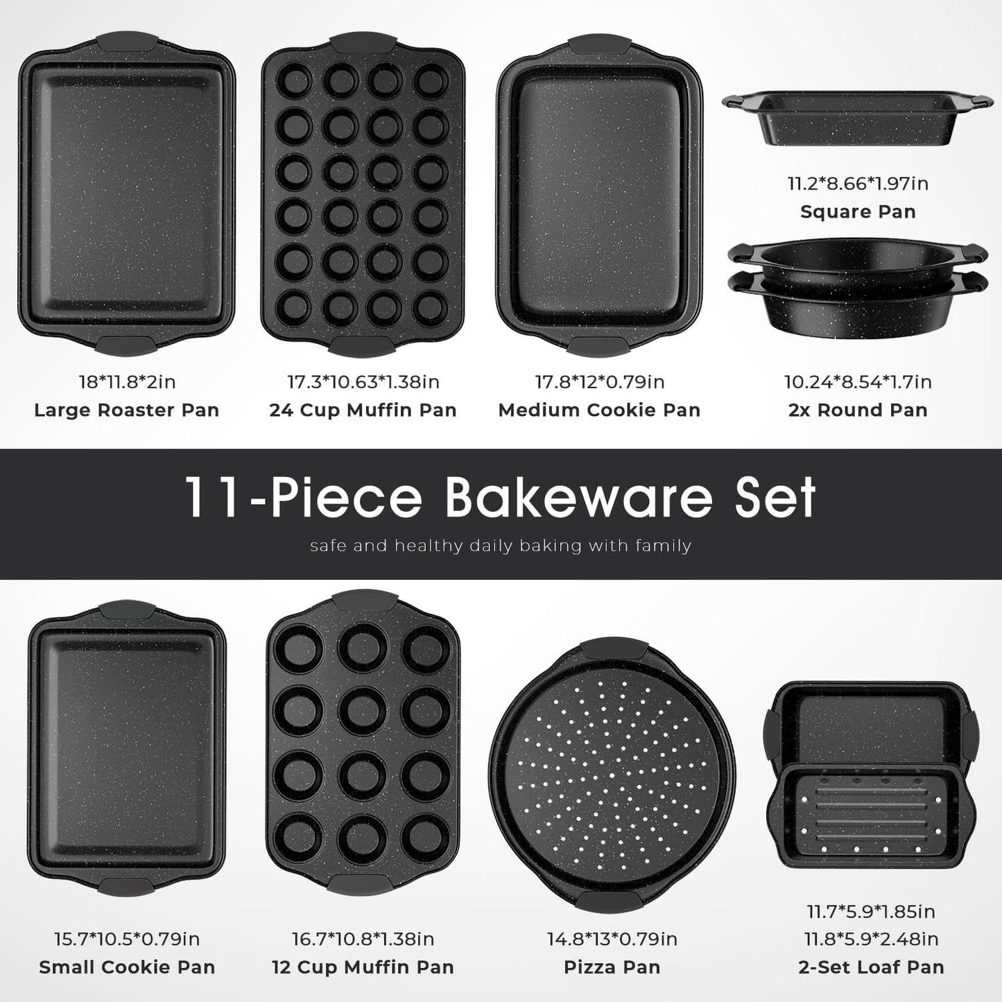 Skiennix 11-Piece Nonstick Baking Pan Set - Stackable Bakeware with Silicone Handles | Black