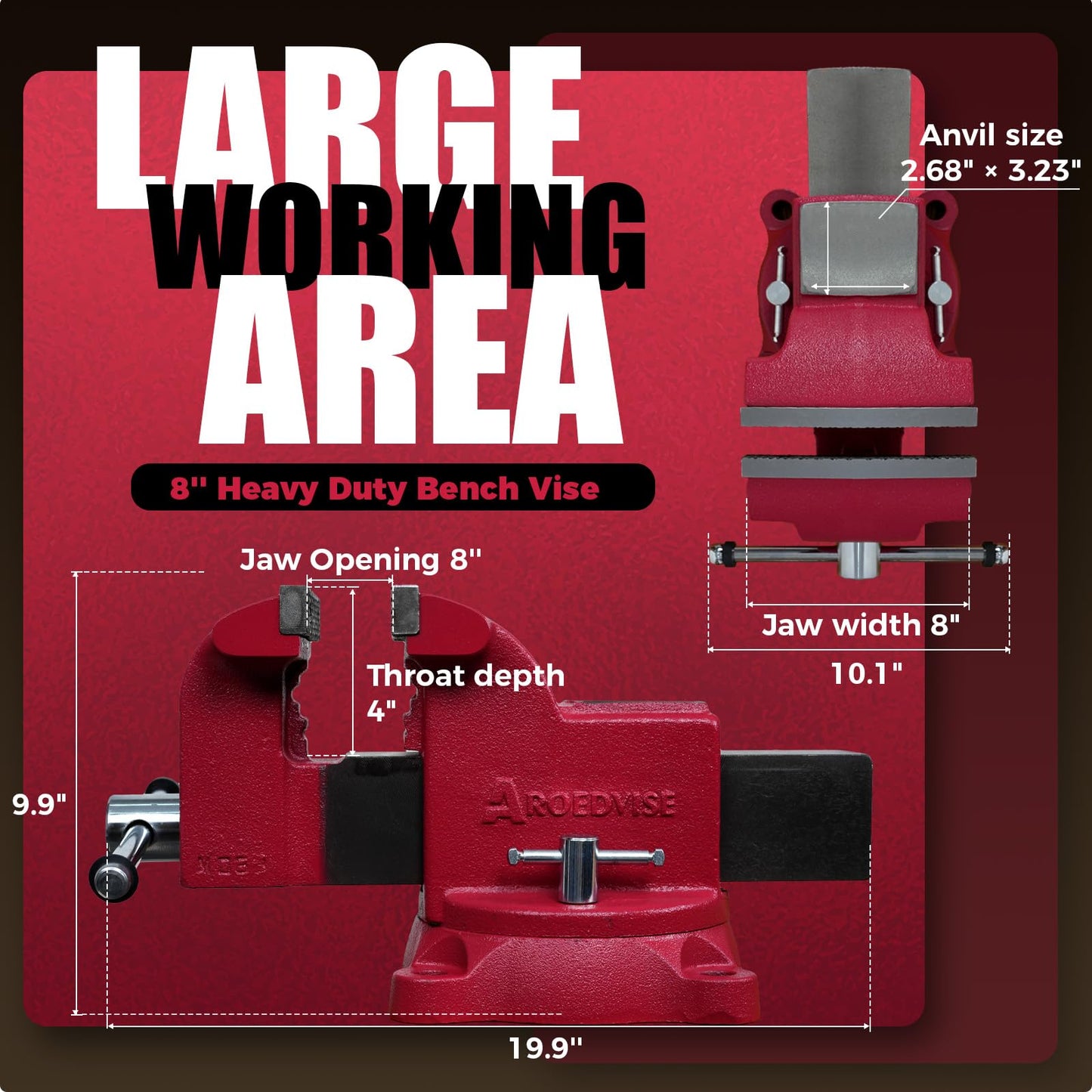 AROEDVISE 8" Heavy-Duty Bench Vise, 8" Jaw Width & Opening, 11,025 lbs Clamping Force, 60,000 PSI Ductile Iron Vise with 360° Swivel Base, Anvil & Pipe Jaws for Metalworking Industrial Use (RS80)