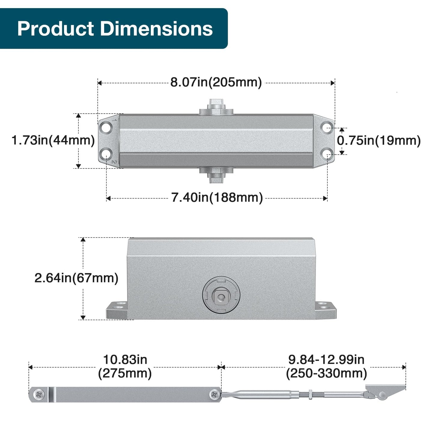Calzibeno Automatic Door Closer, Door Closer for Home & Light Commercial Use, Adjustable Closing Speed for 132-187lbs, Soft Close, Hydraulic Door Spring, Sliver-Large