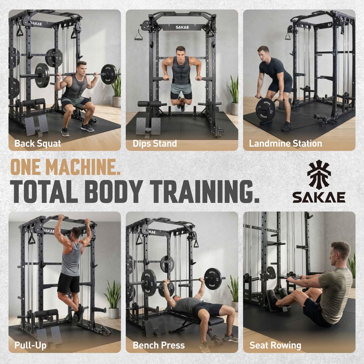 SAKAE Multi-Function Squat Rack with Cable Crossover System, Power Rack with LAT Pull Down, Pull-Up Bar, Dip Bars, Weight Bench, 260 LB Bumper Plates, 7 FT Olympic Bar & Training Attachments