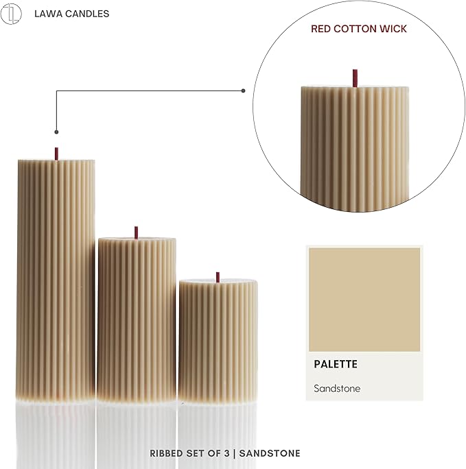 LAWA Roman Handmade Tall Ribbed Pillar Candle - Beautiful Scented Soy Wax Dinner Candle | Classic Aesthetic Decoration Set | Housewarming Gift | Home Room Shelf Decor Idea - Sandstone (Set of 3)