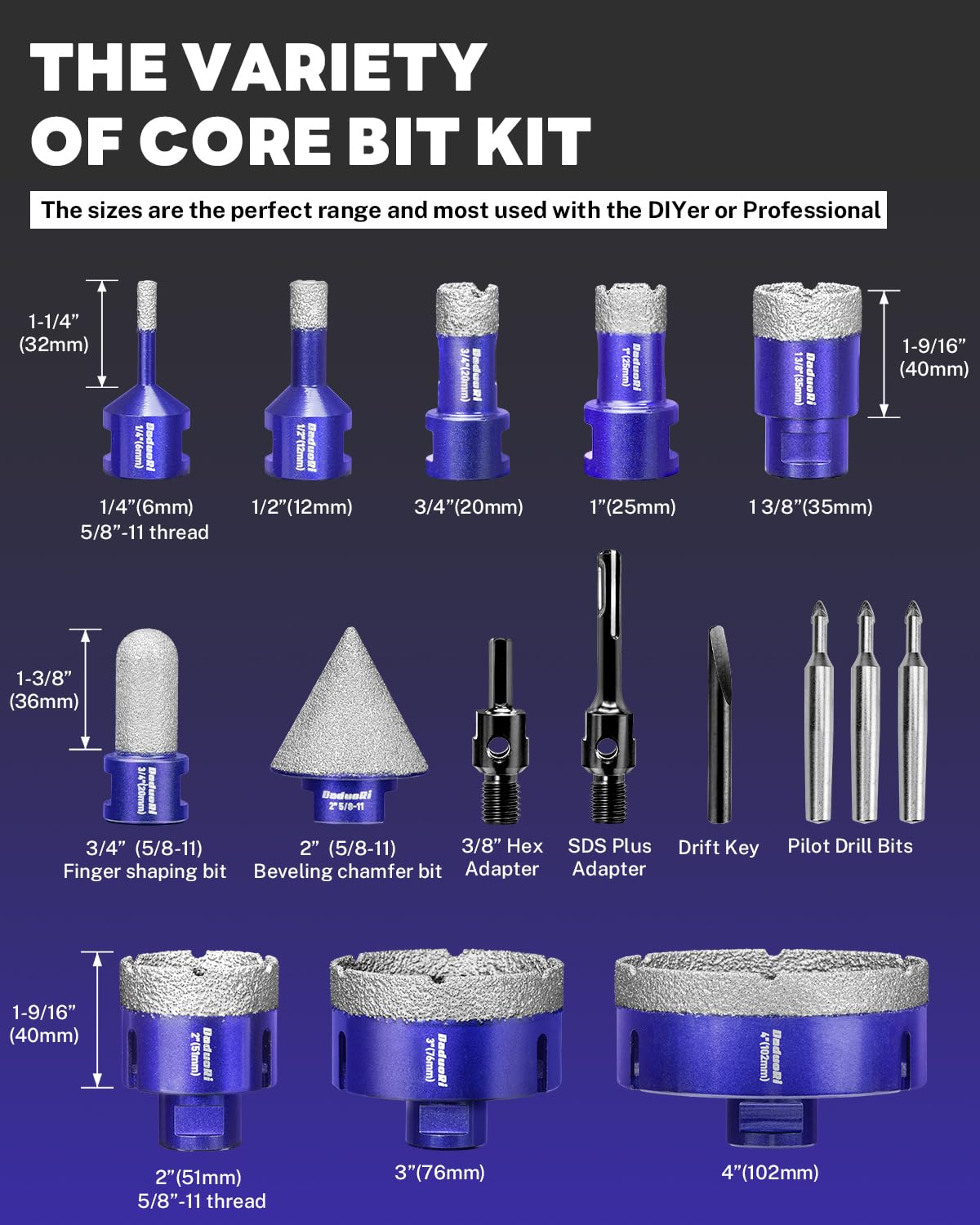 DaduoRi 18 PCS Diamond Hole Saw Kit with Pilot Bit Adapter, 1/4"- 4" Thickened Core Drill Bit Set, Includes Tile Shaping Cone & Wide Diamond Saw Blade, for Porcelain, Ceramic, Granite, Marble, Stone