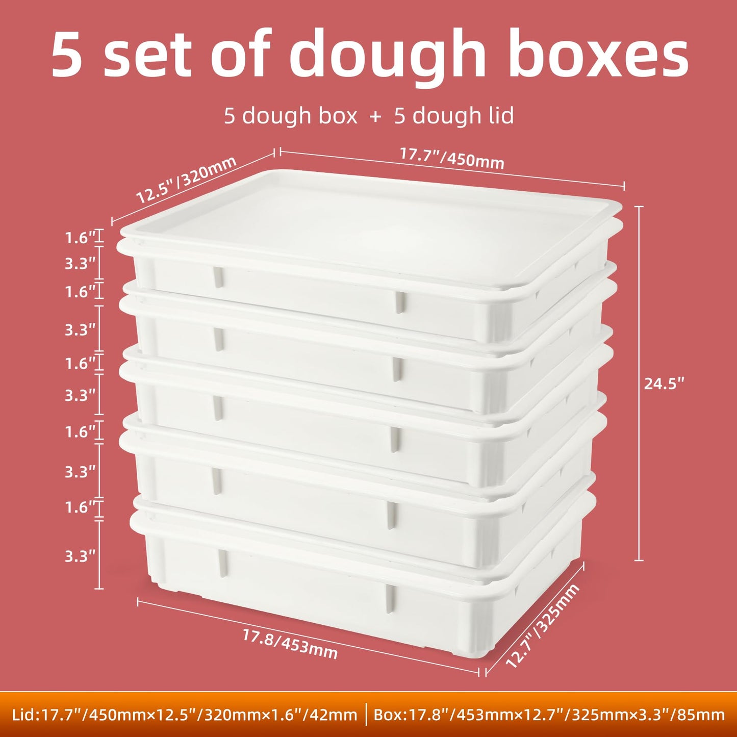 SHUNYILONG Pizza Dough Proofing Box 5-Piece Set - Stackable Dough Boxes with Lids (17.84" D x 12.8" W x 7.8" H) & Bakery Storage Containers for Bread, Sourdough - Commercial Food Prep