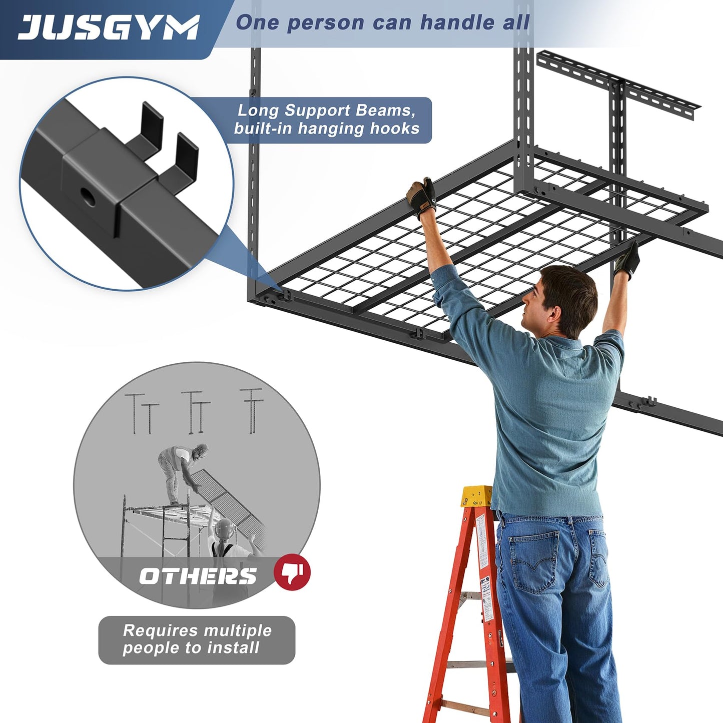 Jusgym 3X8FT Overhead Garage Storage Rack, 26"-40" Height Adjustable Garage Ceiling Storage Racks, Heavy Duty Metal Overhead Storage Organizer System, 750LBS Weight Capacity