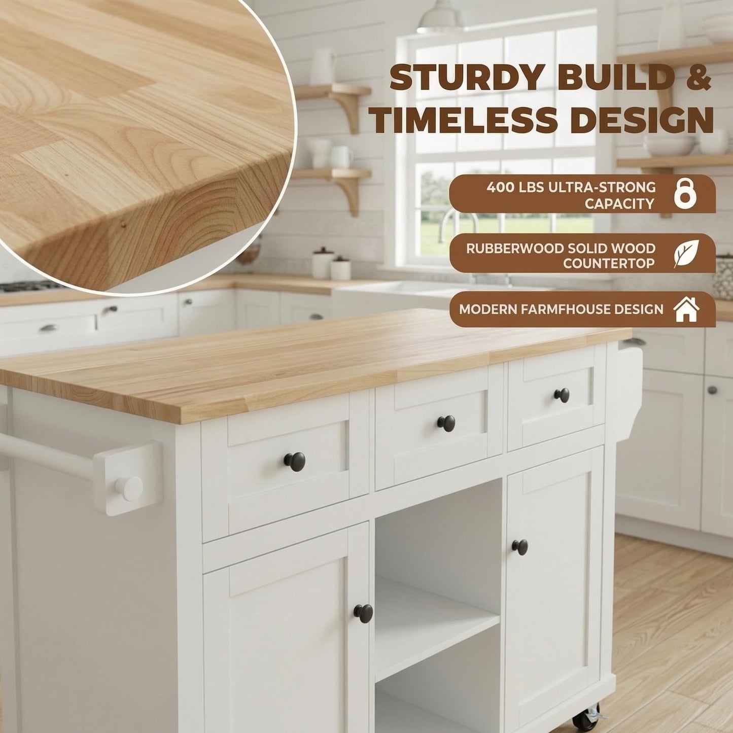 Waully 53'' Mobile Kitchen Island with Seating, Rolling Kitchen Island with Storage and Drop Leaf, 3 Drawers Islands Cart Rubberwood Top, 2 Open Shelves, Isla para Cocina, White + 2 StooIs