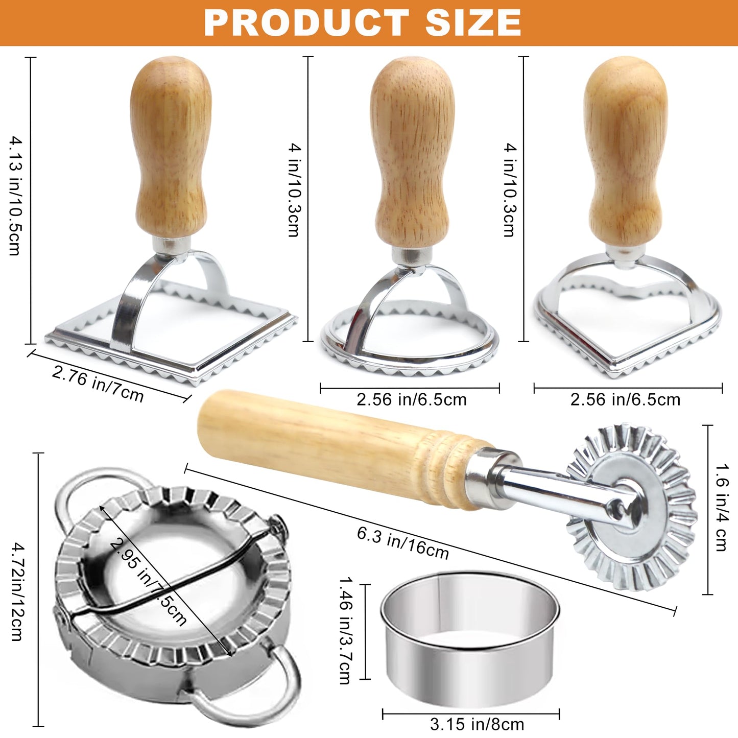 Ravioli Pasta Maker Cutter with Roller Wheel (Set of 6), Ravioli Cutter Set with Wooden Handle, Ravioli Press Dumpling Maker Tools for Ravioli, Empanada, Lasagna, Pierogi