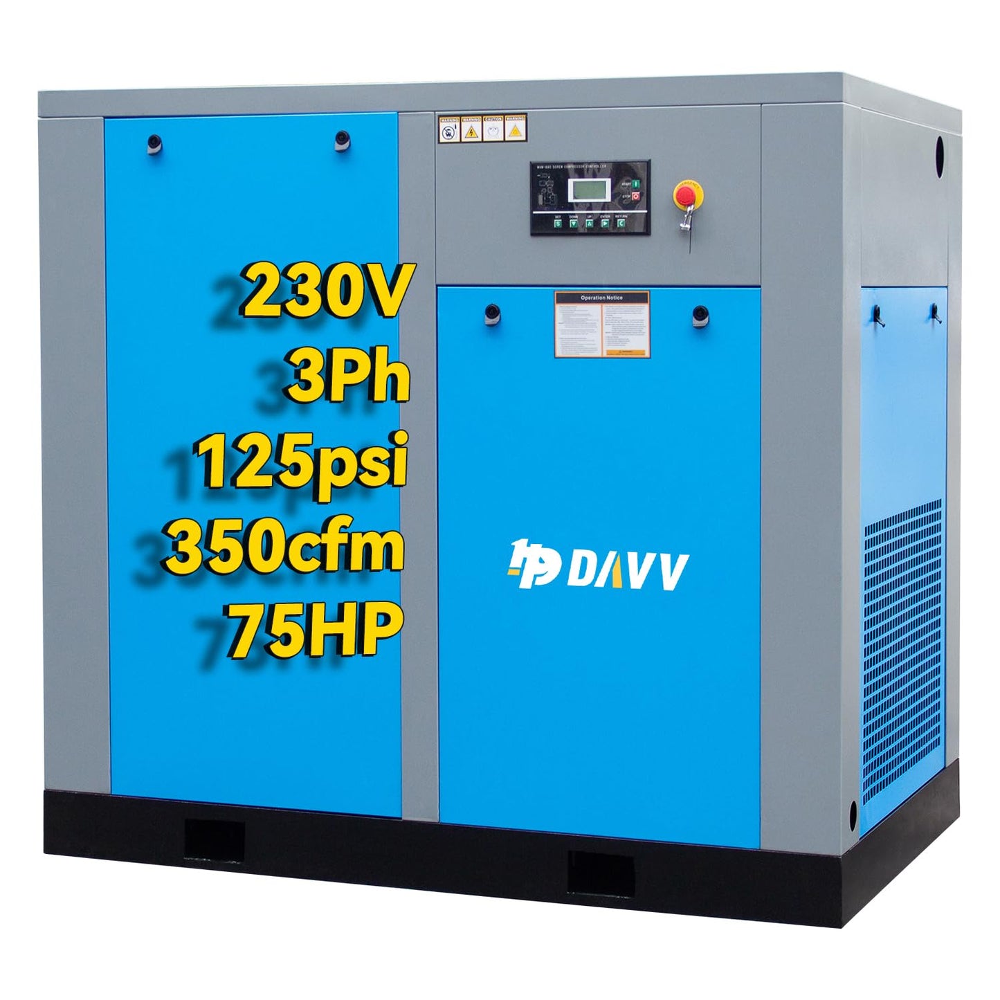 HPDAVV Rotary Screw Air Compressor 55KW 75HP 208-230V/60Hz/3-Phase Heavy Duty Stationary Industrial Air Compressed System 350CFM Max.Pressure 125PSI Commercial Air Compressor
