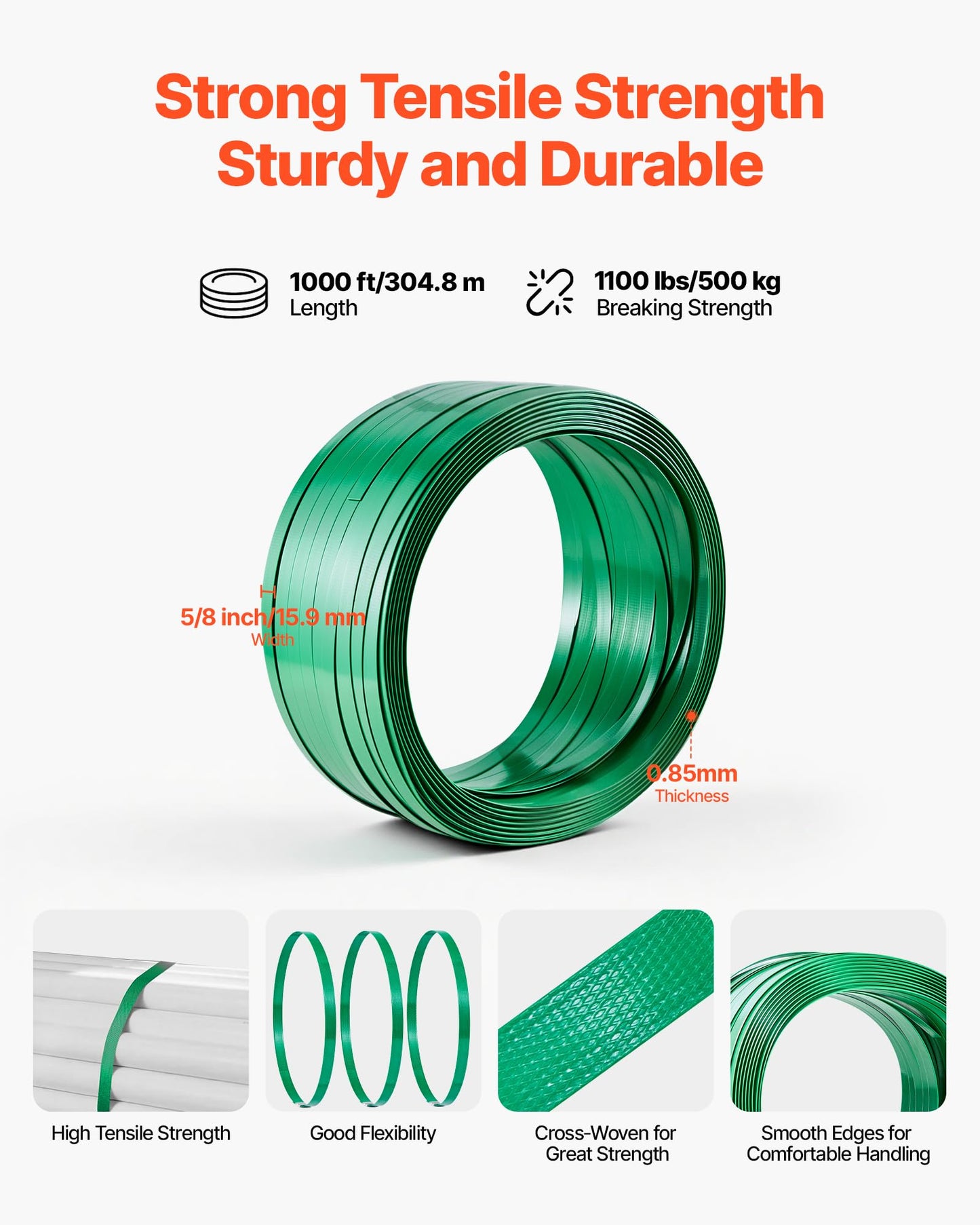 VEVOR Banding Strapping Kit, Heavy Duty Banding Sealer Tool with 1000 ft Length PET Band, 300 Metal Seals, Plastic Manual Pallet Packaging Strapping Kit for Warehouse/Shipping/Moving/Home, Orange