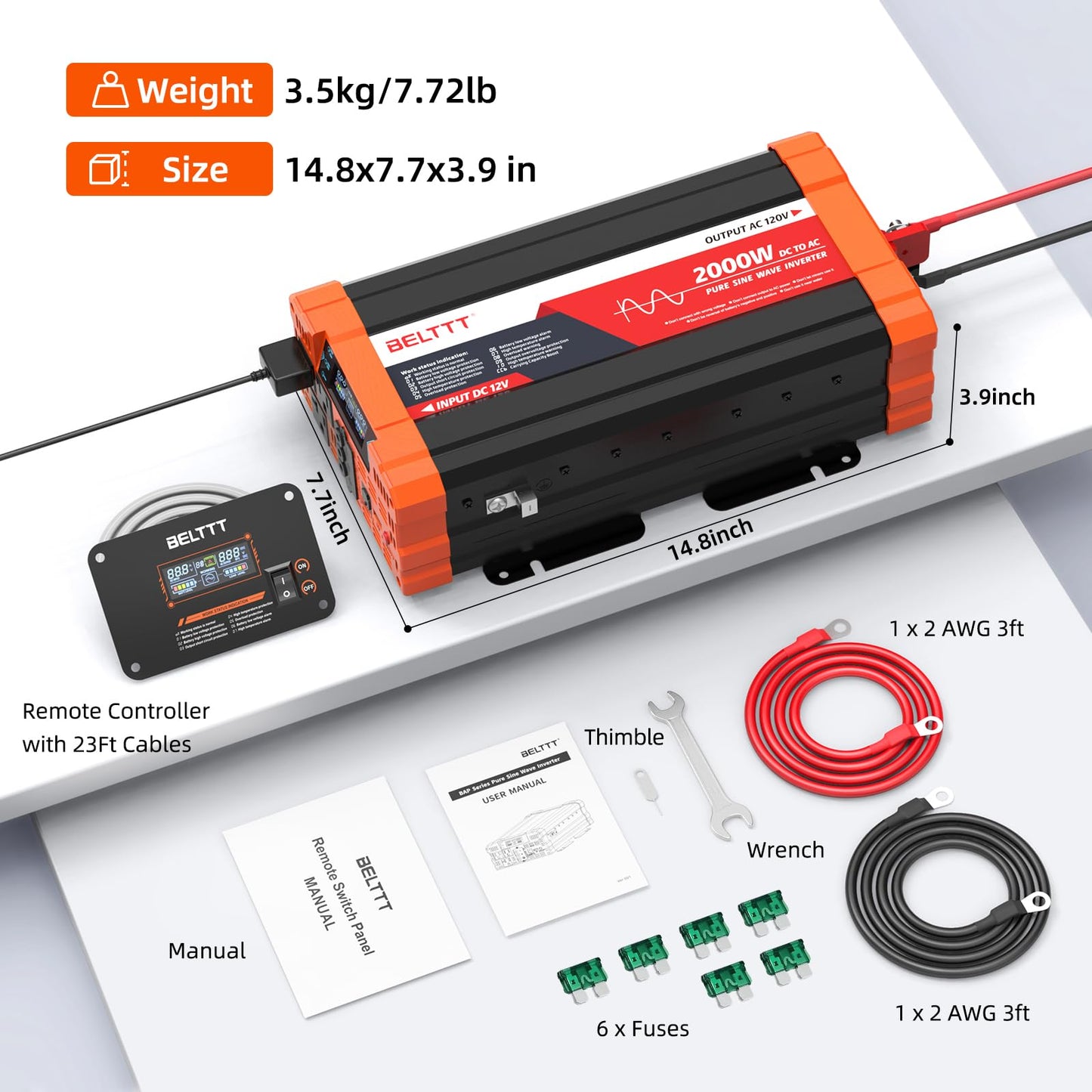BELTTT 2000W Pure Sine Wave Inverter, Inverter 12V DC to 120V AC for Solar, RV, Truck, Outdoor, Power Inverter with Dual AC and 20A Socket, 5V 2.1A USB, Surge 4000W, Hardwire Port, Remote Controller
