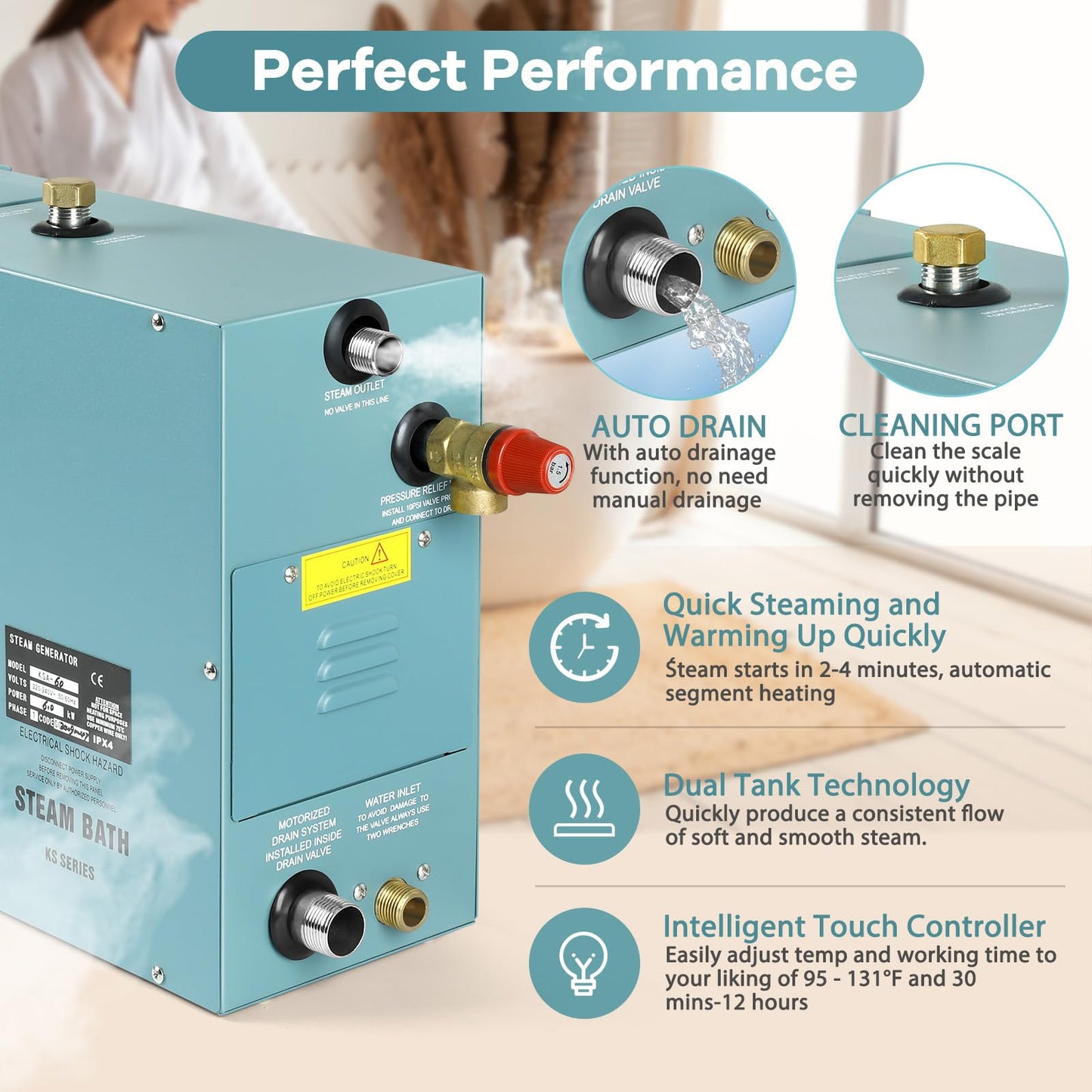 4KW Commercial Self-Draining Steam Generator Shower System Home Steam Bath Spa Generator 30 min to 12 Hours Auto Drain 95-131℉ for Suitable Space Heating 4 m³/140Cubic feet（4KW）