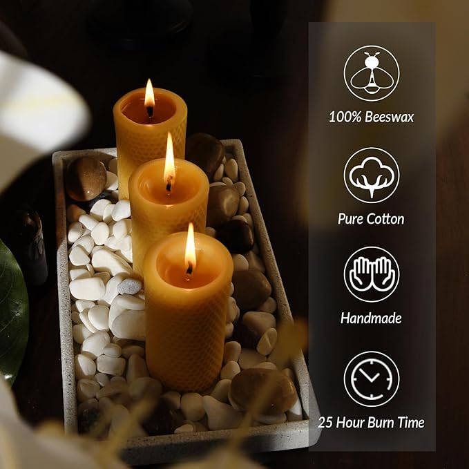 Honeycomb Natural Beeswax Pillar Candles - Pack of 2-100% Pure Beeswax Candles No Scent- for Emergency/Prayer/Relax (2inch Diameter, 4 inch Tall - Yellow)