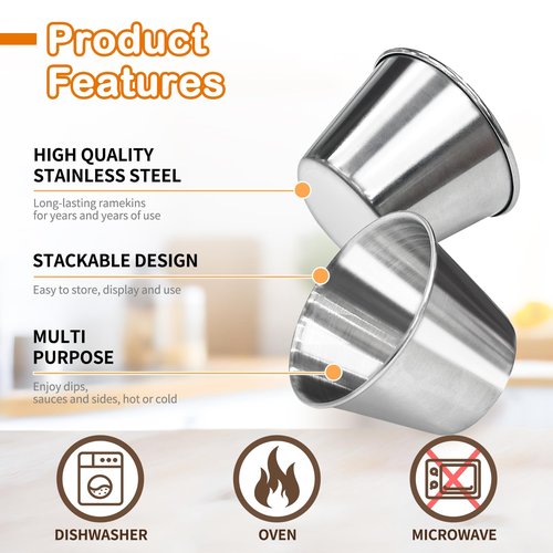 Ayearparty 100 Pcs 2.5oz Metal Ramekins Stainless Steel Reusable Sauce Dipping Bowls Bulk Small Sauce Container Round Condiment Cups for Dish Butter Ketchup Kitchen Restaurant Serving BBQ Party Dinner