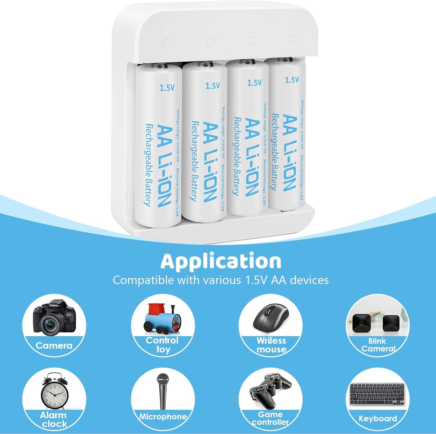 winbasic 1.5V (4-Bay 3600mWh (4 Pack) Rechargeable Lithium AA Batteries with Charger Independent Slot), Long Lasting