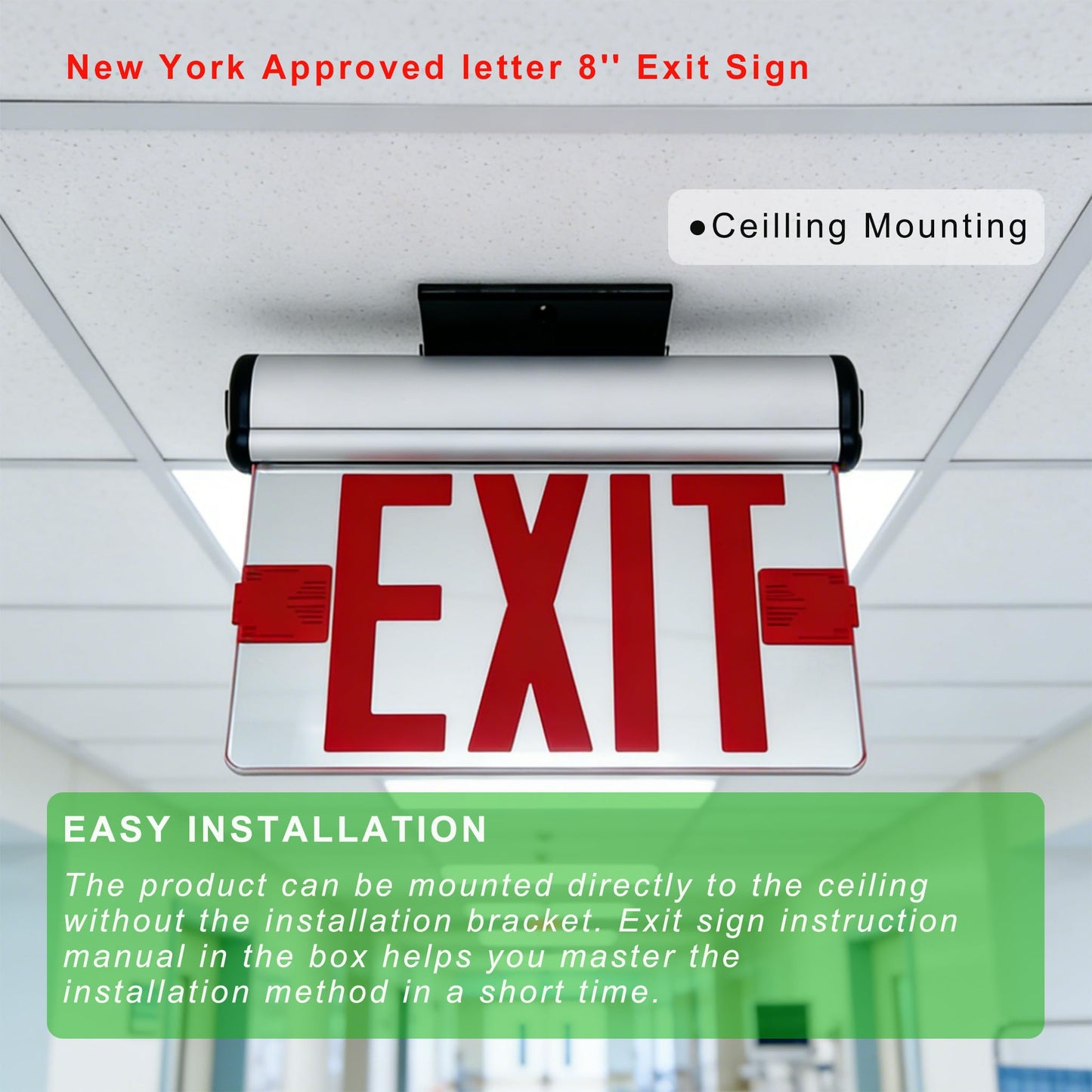 Garrini New York Approved Letter 8" Exit Sign Emergency Light Recessed Housing Single and Double Face Optional, Replaceable Acrylic Panel, UL Certified GRMSEL-200