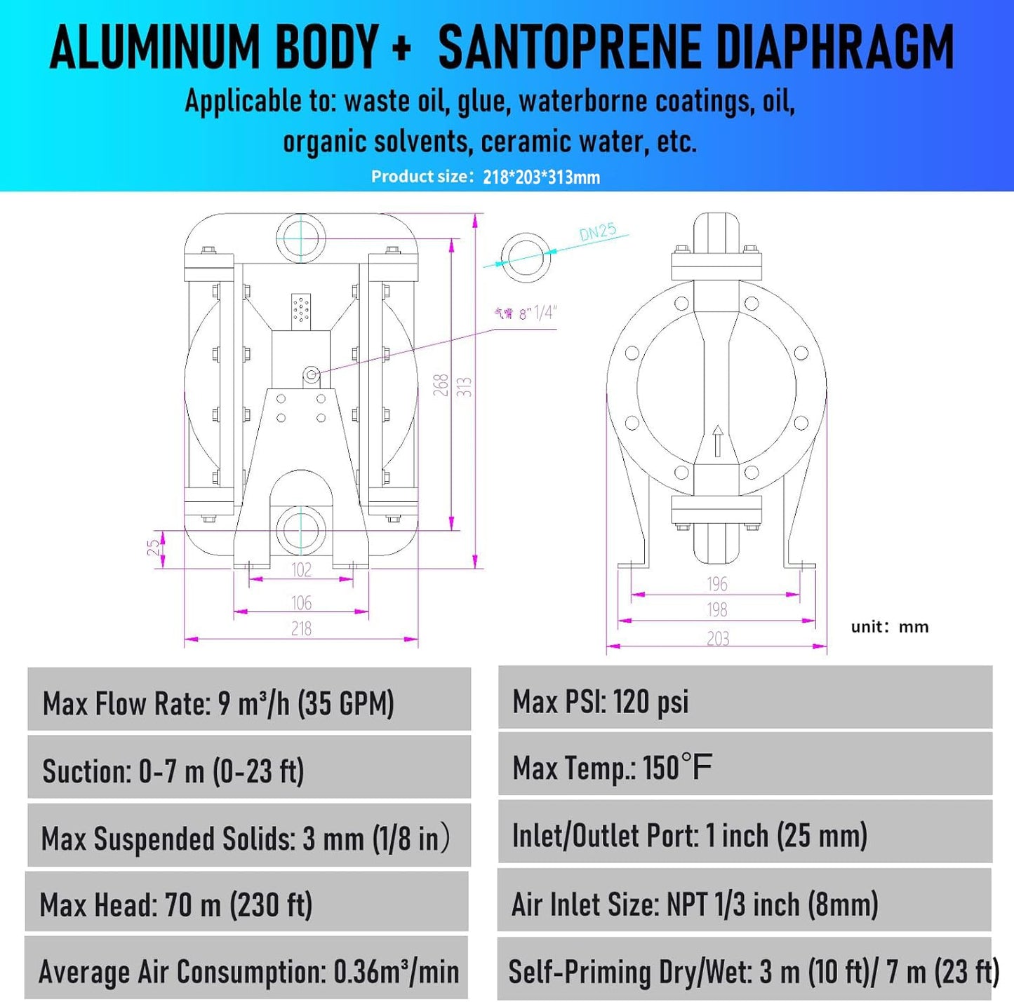 Air Operated Double Diaphragm Pump 1 inch Inlet/Outlet Pneumatic Waste Oil Transfer Pump for Chemical QBY4-25 35 GPM Dual Diaphram Polypropylene Teflon by Stainless Steel Iron 115 PSI