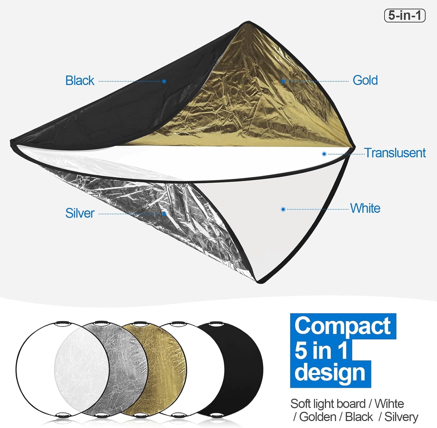 WELLMAKING 32 Inch (80cm) 5 1 Reflector Photography, Collapsible Light Reflector with Bag & tilt Adapter, in Handle