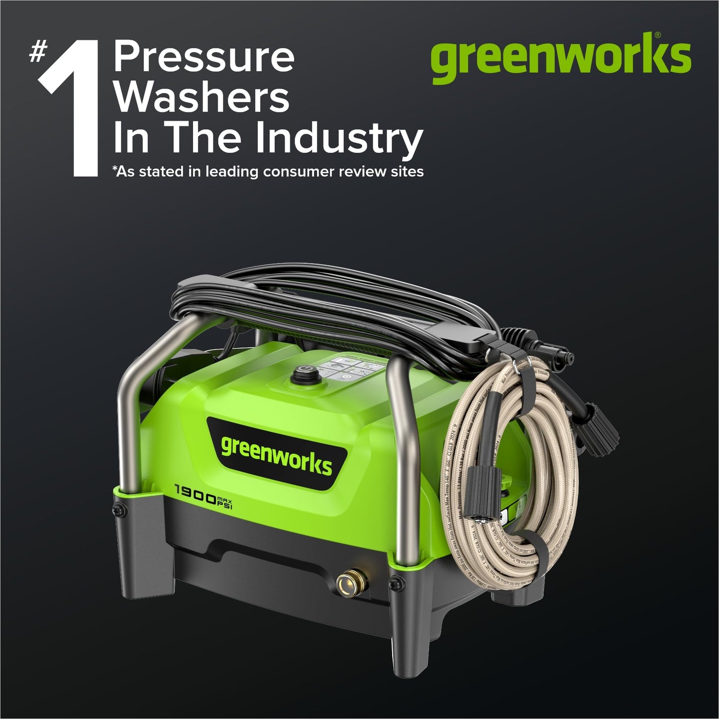 Greenworks 1900 PSI (SGS Certified) 1.2 GPM 13Amp Portable Compact Electric Pressure Washer, Power Washer for Cars, Driveways, Patios, Patio Furniture & Around Pools