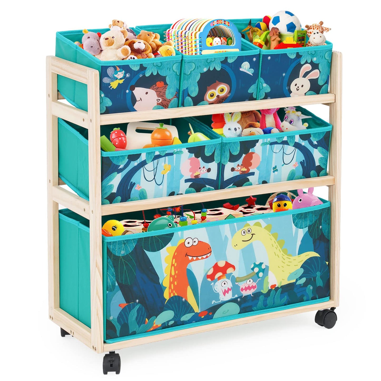 Jomifin Kids Toy Storage Organizer with Wheels, Utility Rolling Cart with 6 Removable Storage Bins for Bedroom, Playroom, Nursery, Large Capacity Pine Wood Shelf Unit for Toys, Books, Blankets (Green)