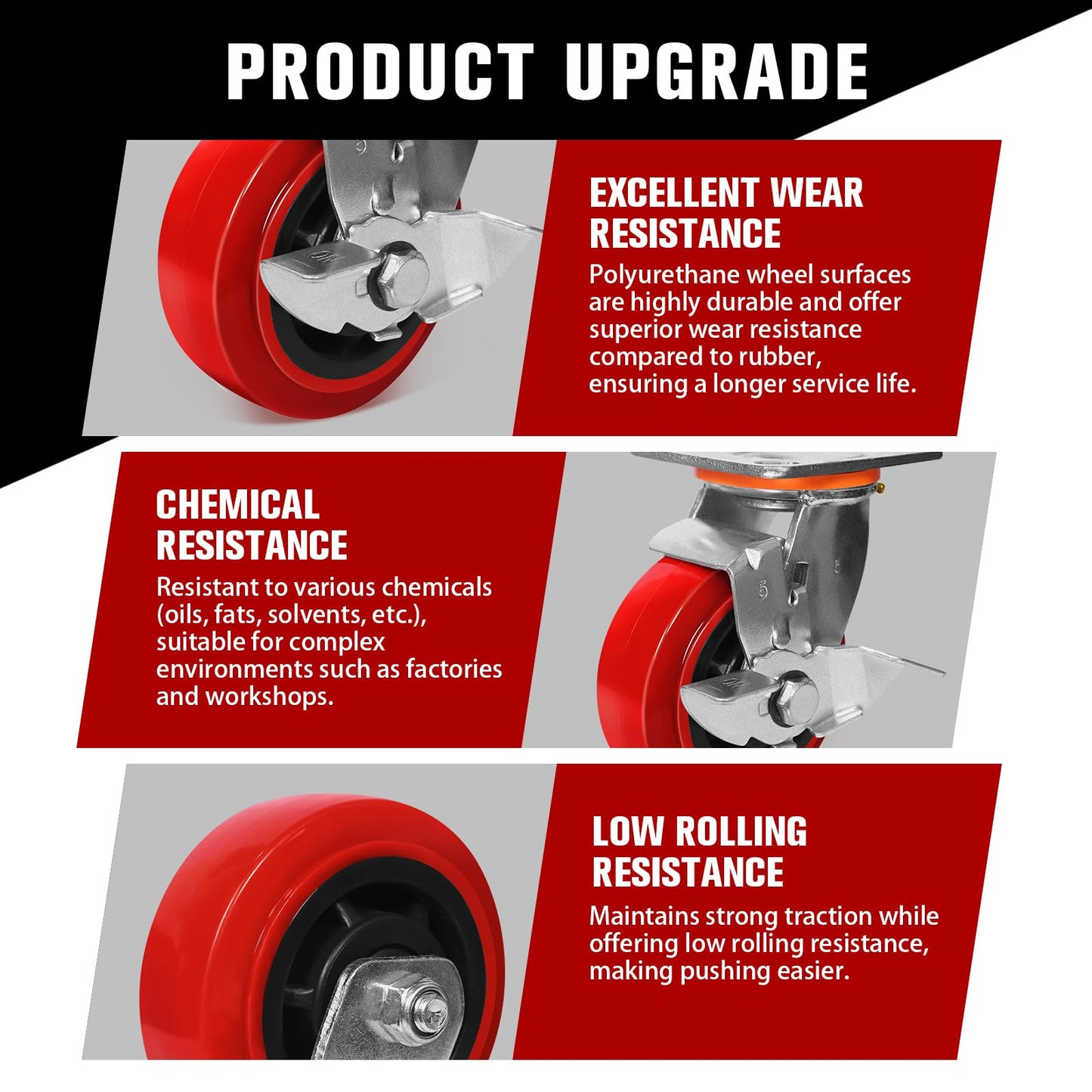 5"x2" Polyurethane Wheels- Heavy Duty Casters Set of 4, Industrial Grade Polyurethane Casters 4000 lbs Load Capacity. Use for Workbench, Industrial Equipment (2 Brake & 2 Rigid)