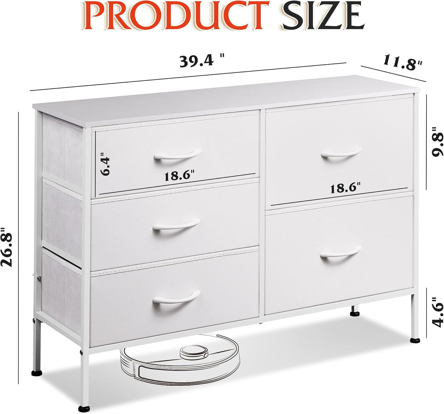 WLIVE White Dresser - 5 Drawer Fabric Chest for Bedroom, Living Room, Closet & Hallway