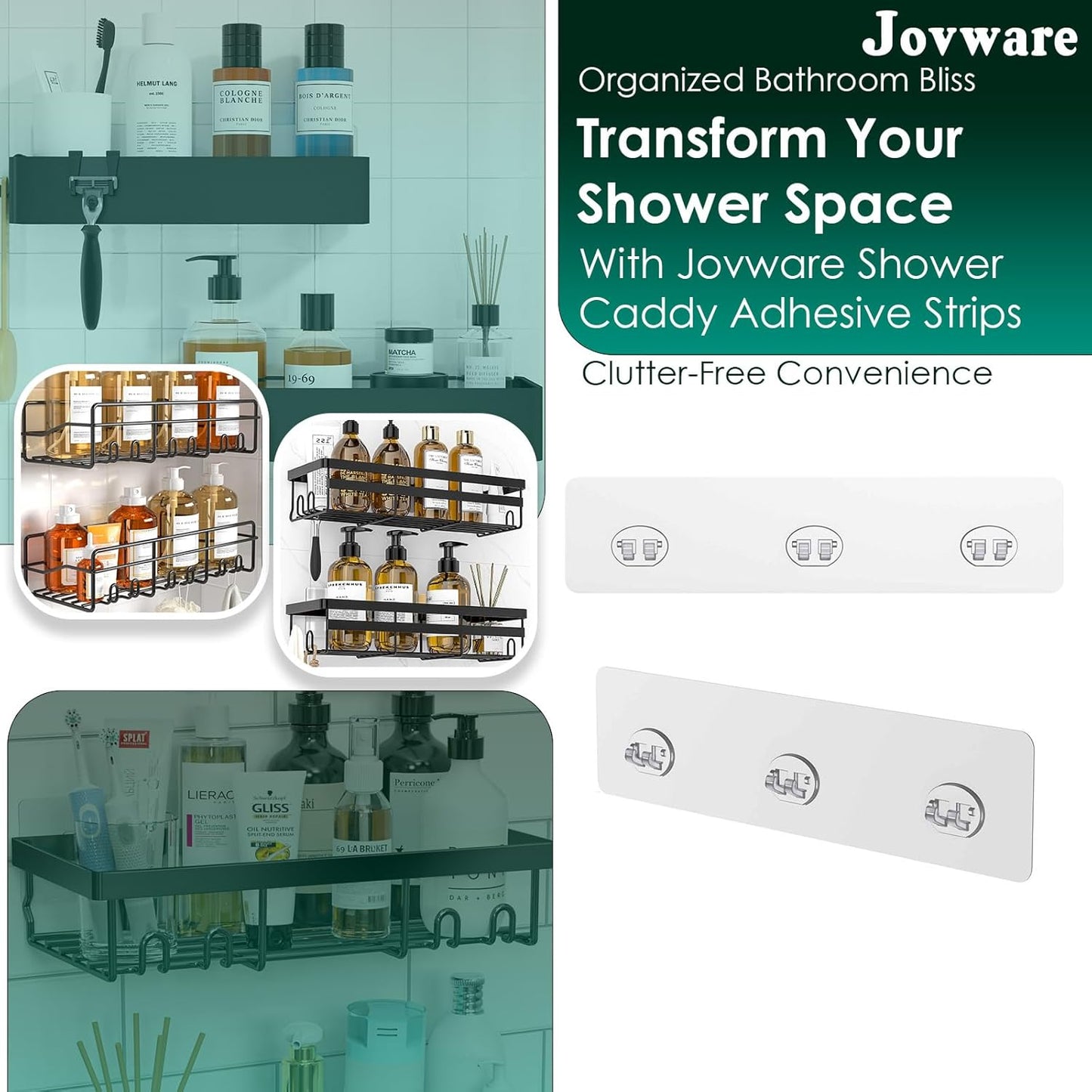 Skiennix Shower Caddy Adhesive Replacement Stickers - Strong Suction Hooks for Bathroom Storage | 3 Hooks, Transparent