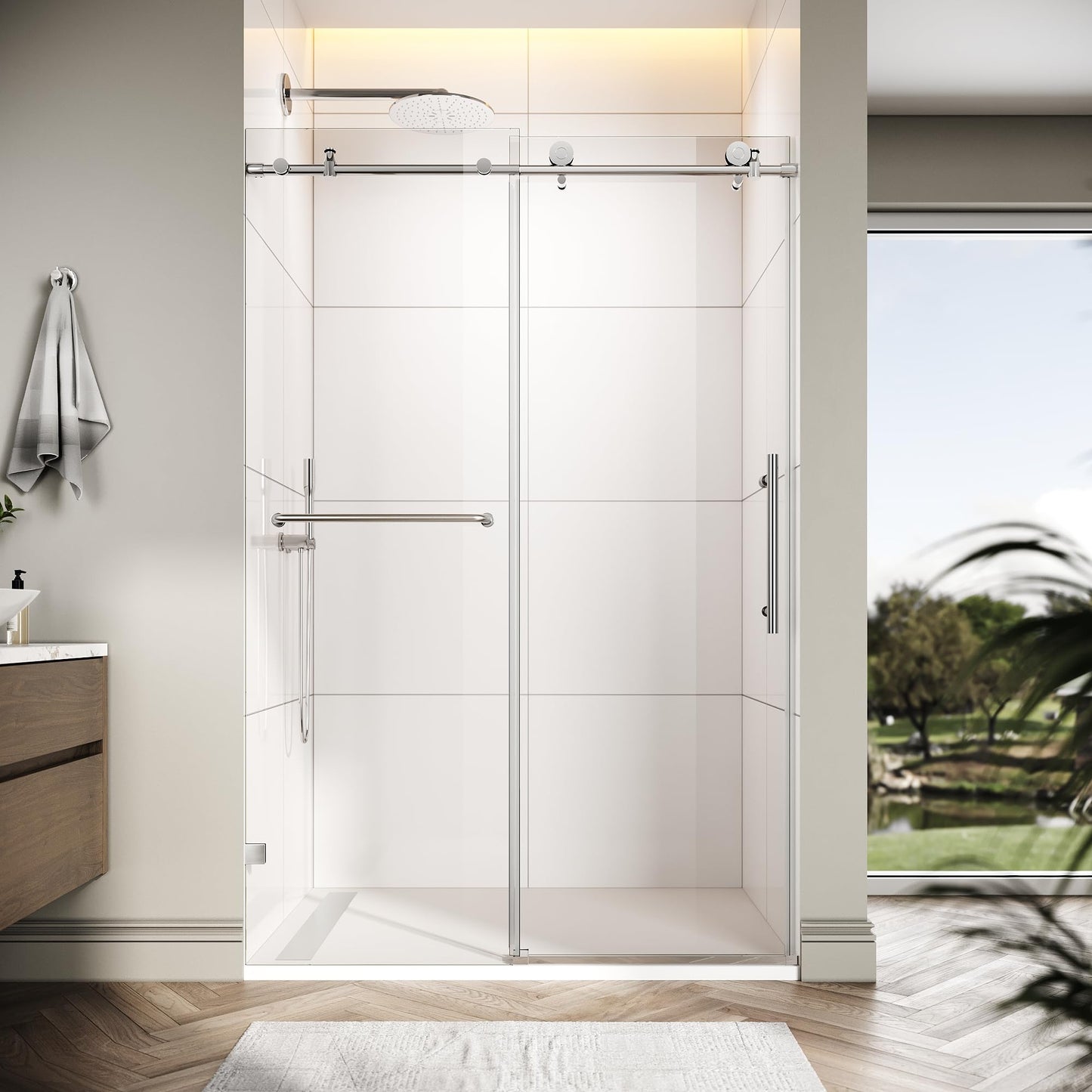 ELEGANT Frameless Sliding Shower Door 48" W x 76" H, Adjustable 44-48" Width, 5/16" (8mm) Tempered Glass, Stainless Steel Towel Bar, Chrome Finish