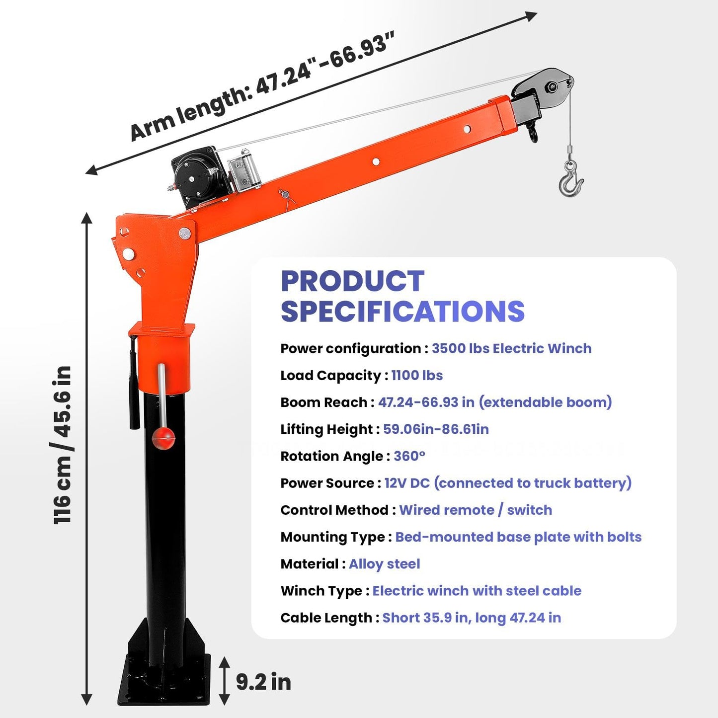 360° Swivel Shop Crane with 1100lbs Capacity, Foldable Truck Hitch Crane & 12V 3500Lbs Winch, Heavy-Duty Truck Lift for Industrial Use