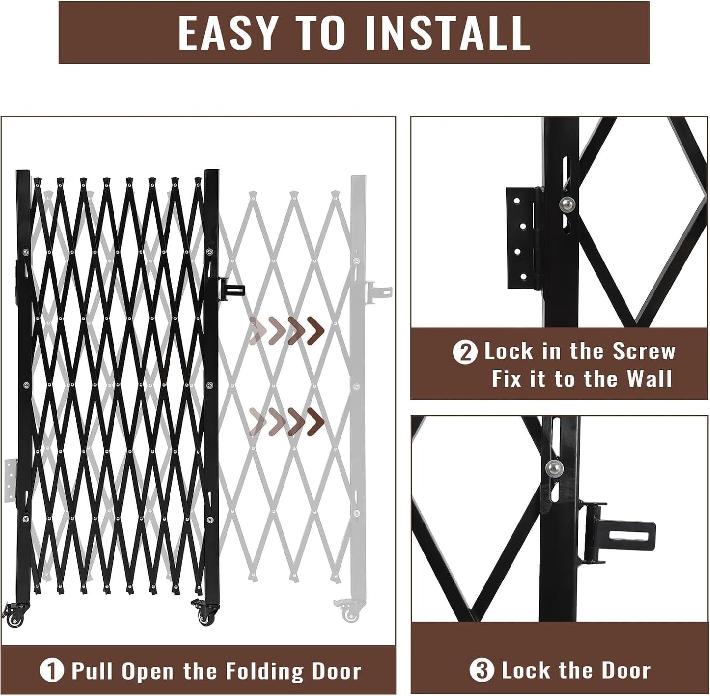 Garvee 85" H x 95" W Single Folding Security Gate, Steel Expandable Fence with 360° Rolling Wheels for Courtyard, Garage, and Garden Access Control