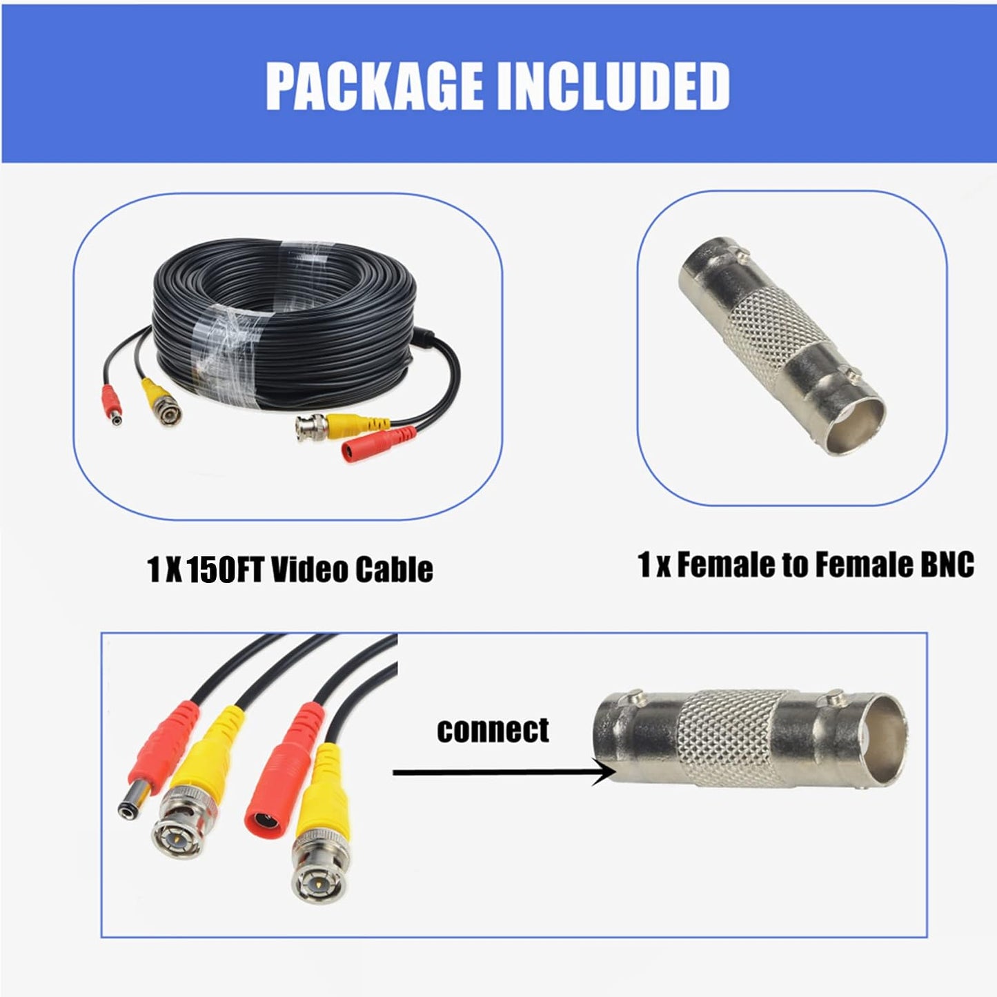 150ft Black BNC Video Power Cable for DVR Security Cameras
