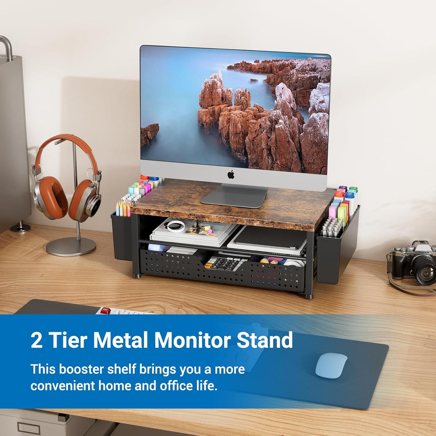 Wood Metal Monitor Stand Riser, Laptop Stand for Desk, Office Desk Organizer and Accessories, Computer Desktop Shelf