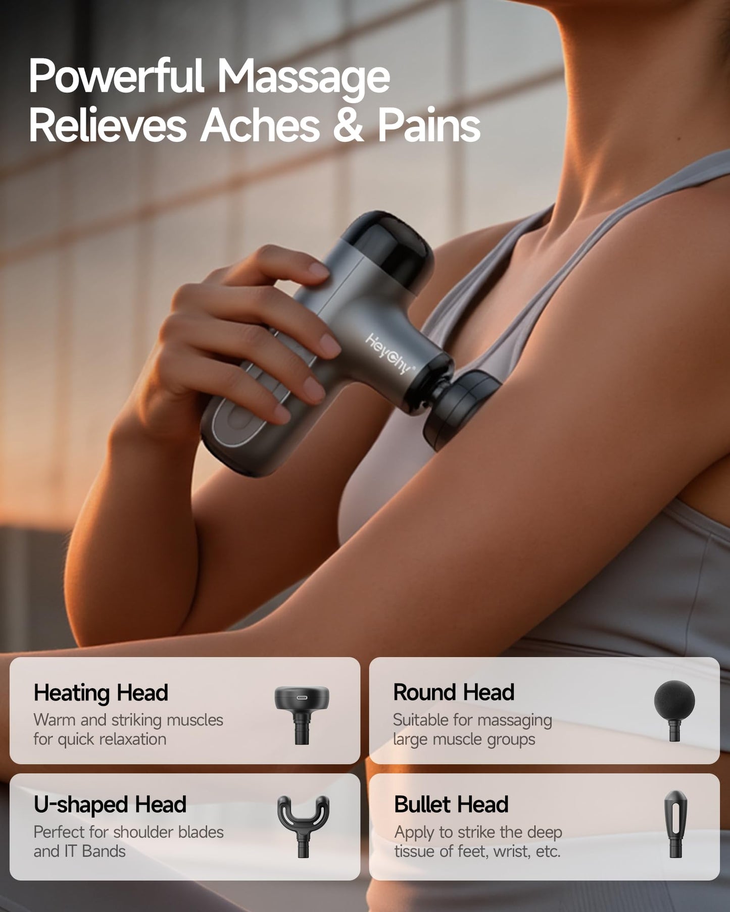 HEYCHY Mini Massage Gun with Heat, Deep Tissue Massage Gun, Portable Percussion Muscle Massager with 4 Massage Heads for Athletes