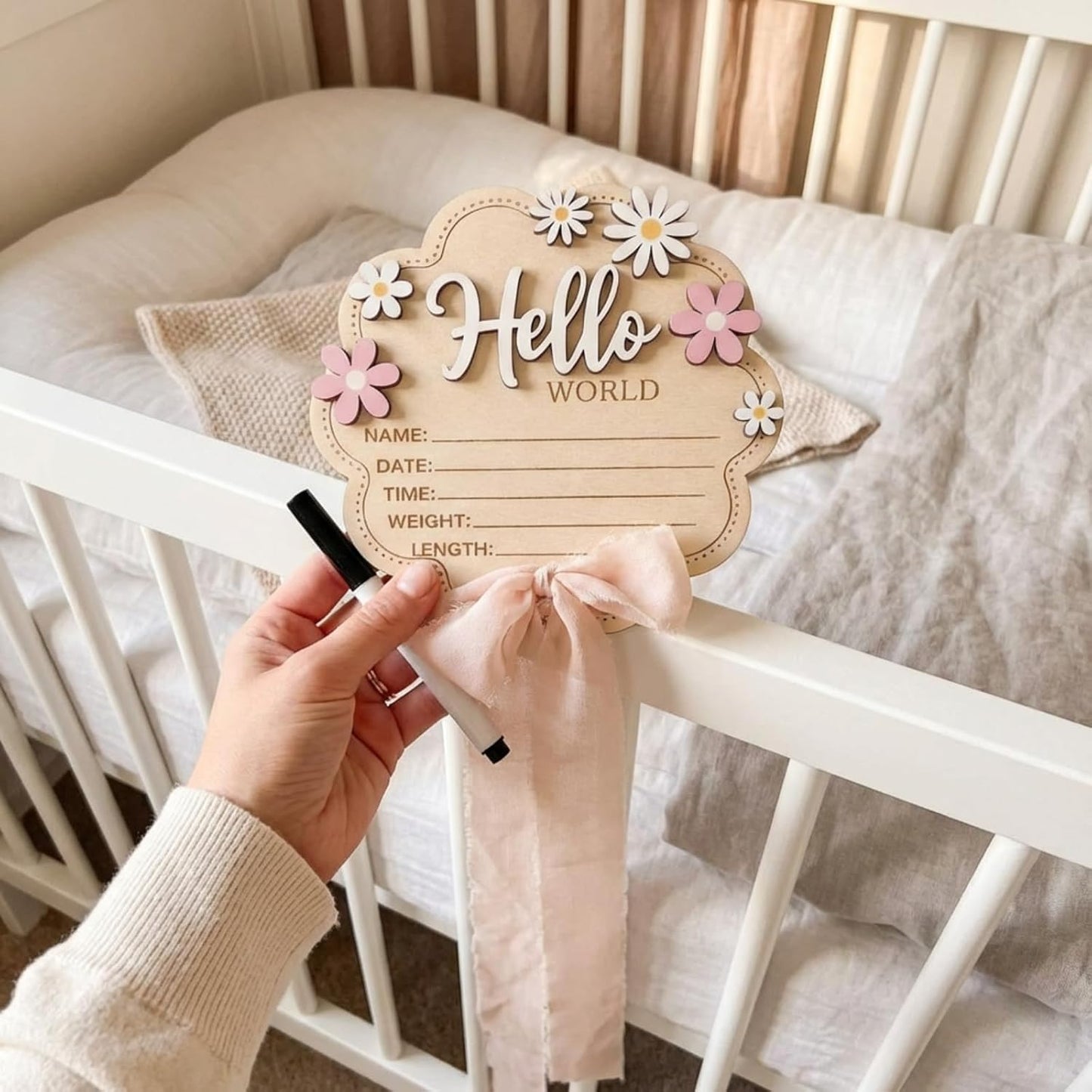 1-12 Amyhill Pink Bow Baby Announcement Sign Wooden Monthly Milestone Blocks with Number Hello World Newborn Signs Pink