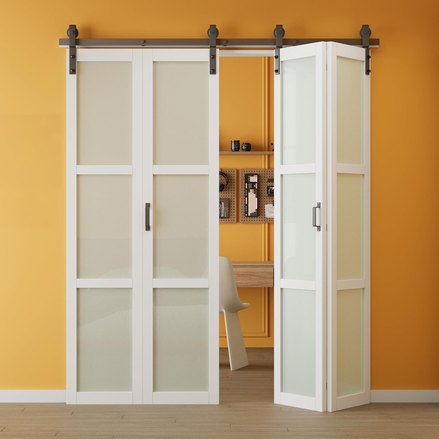 Paintable Bifold Barn Doors, 50" x 84" Preassembled MDF Panels Bi Fold Barn Door with Sliding Hardware Kit Included, 3 Lite Tempered Frosted Glass Sliding Closet Doors for Pantry Laundry