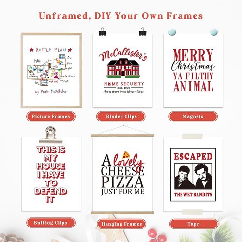 Home Alone Christmas Decorations - Set of 6 Funny Holiday Posters | Unframed 8x10 Art Prints for Bathroom & Bedroom Decor
