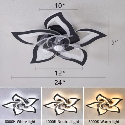 HuixuTe 24" Geometric Ceiling Fan with Lights Remote Control, 6 Speeds 3 Colors Black Low Profile Ceiling Fan with Light for Kitchen Bedroom Living Room