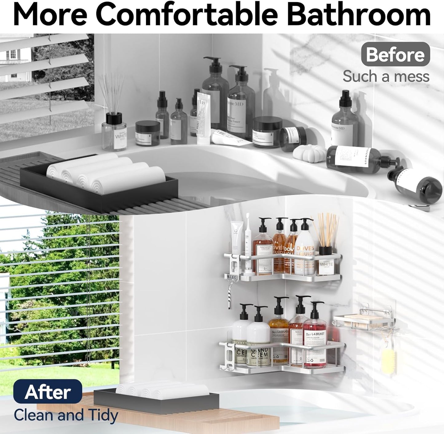 YASONIC Corner Shower Caddy Organizer - Rustproof Self-Adhesive Bath Shelves with Soap Holder & 4 Hooks | Large Capacity, Silver (3-Pack)