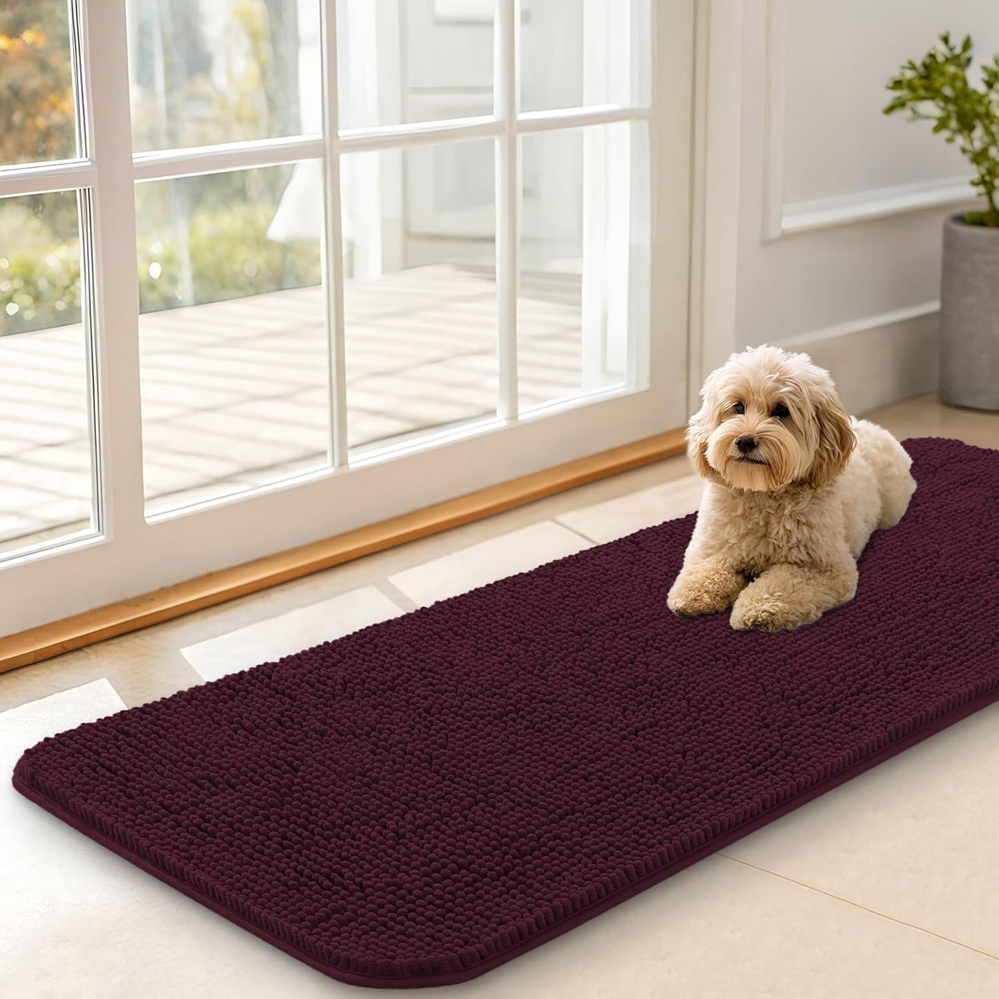 OLANLY Dog Door Mat - Absorbent Non-Slip Chenille Mat for Muddy Paws | 47x17 Inches, Quick Dry, Russet