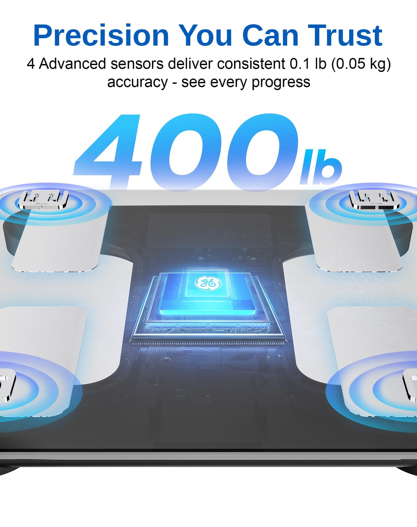 GE Smart Scale for Body Weight: BMI Body Fat Digital Bathroom Scales, 13 Body Composition Monitor Health Analyzer for Home Gym, Bluetooth App Sync, Accurate 400lb Weighing, Black 11inch