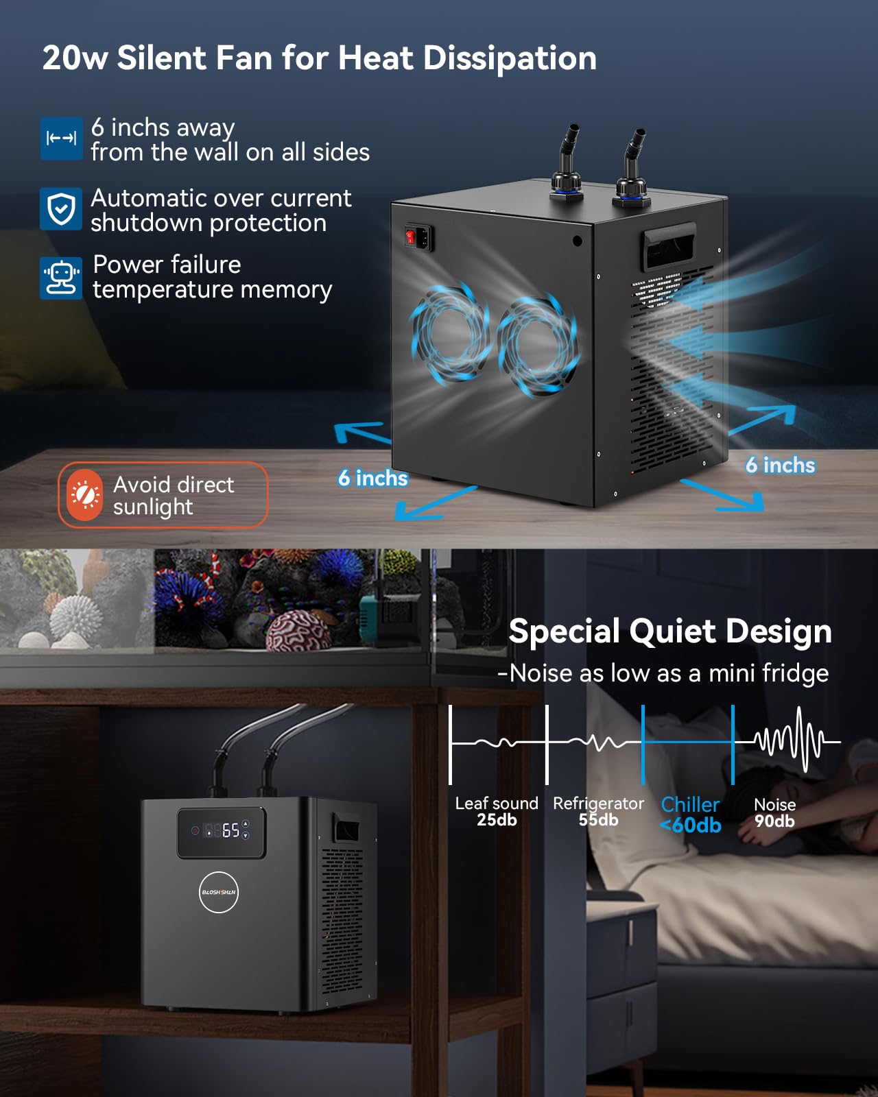 BAOSHISHAN Aquarium Chiller 79 gal, 1/3 hp Compressor & Silent Fan for Hydroponics System/Fish Tank/Axolotl/Coral Reef/Fresh & Sea Water